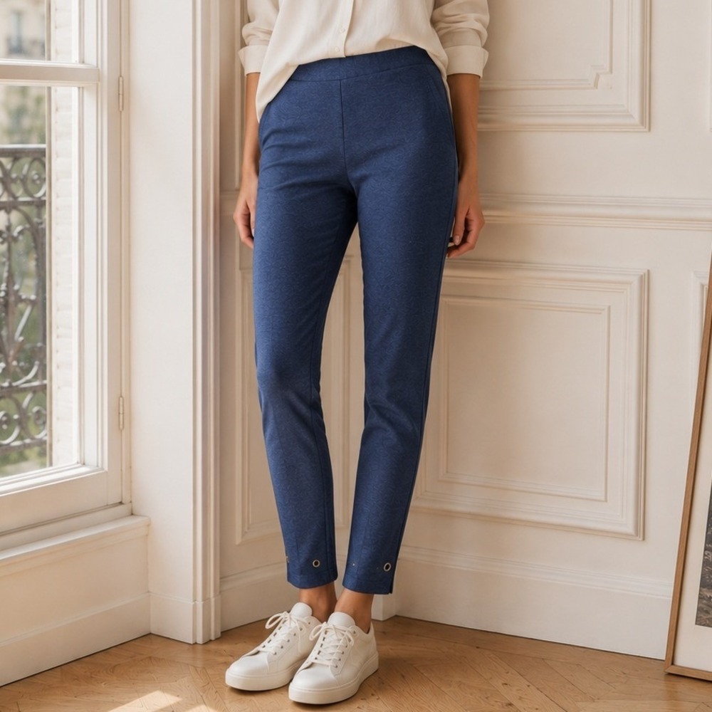 St. John Blue Knit‎ Legging Pants Ring Detail Stretch Pull On Size Small